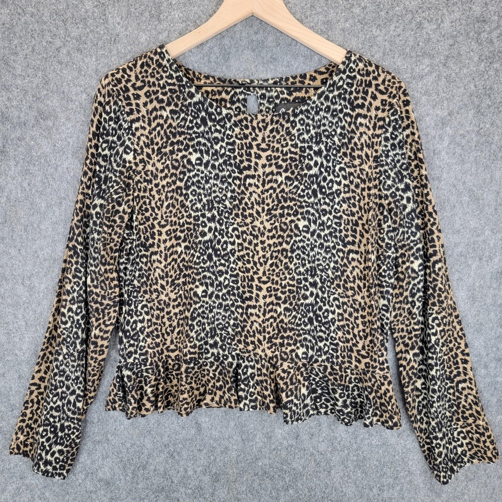 Chelsea Jones Collection Shirt Womens L Leopard Print Long Sleeve Ruffle Hem USA